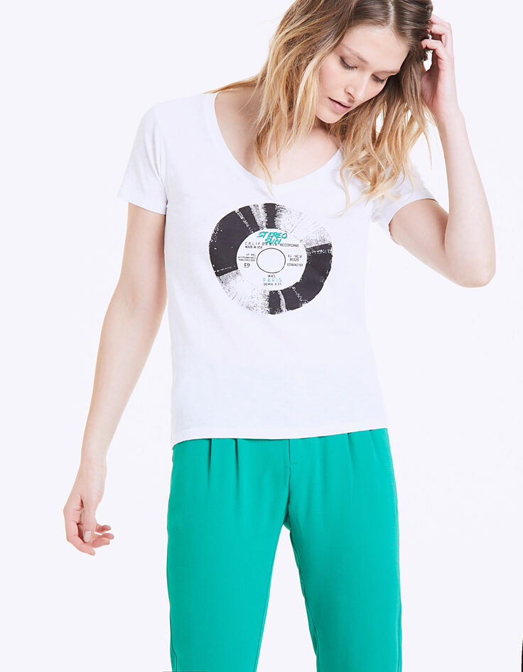Camiseta de algodón blanco visual vinilo mujer-2 Camiseta de algodón blanco visual vinilo mujer-2