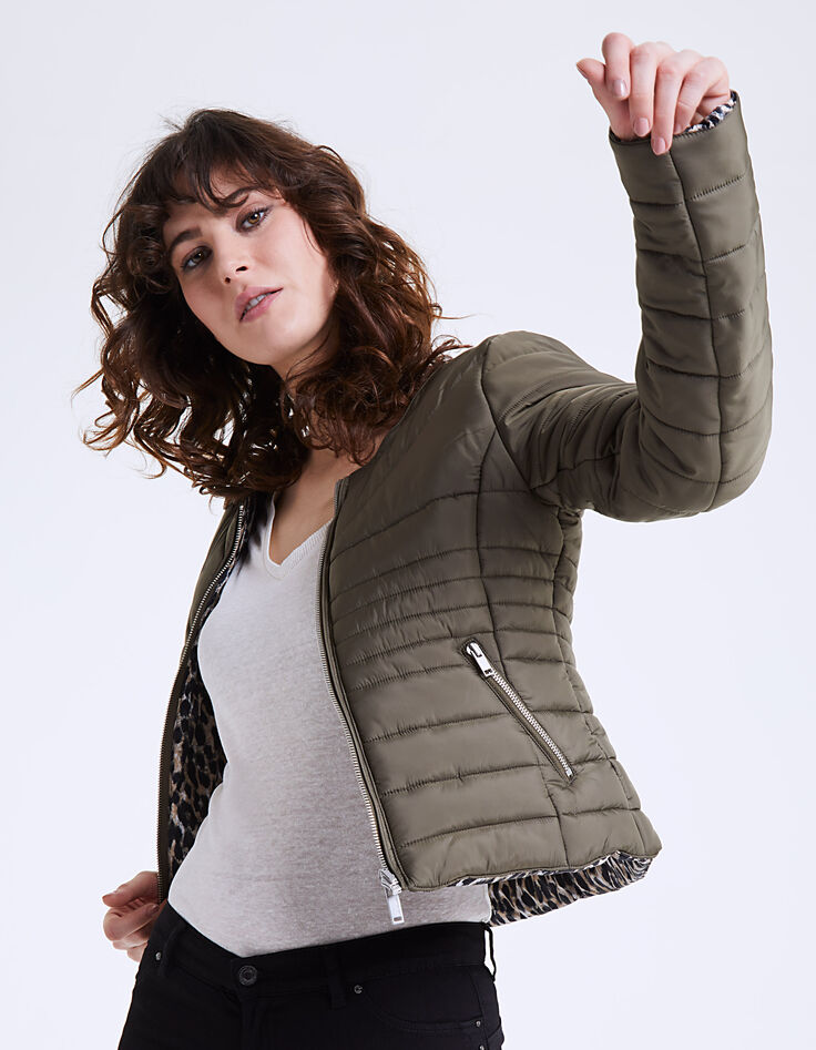 Women’s khaki leopard reversible padded jacket-1