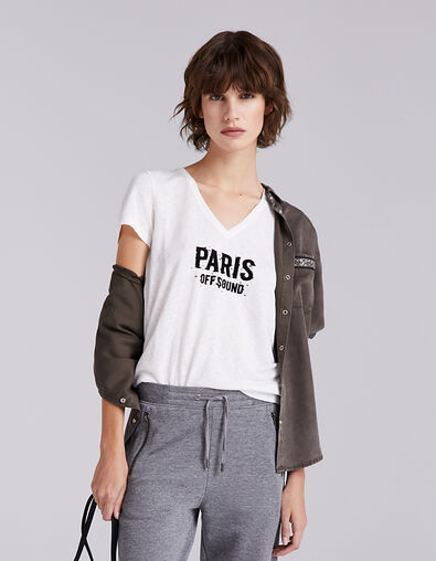 T-shirt gebroken wit opdruk geflockte fluwelen letters - IKKS