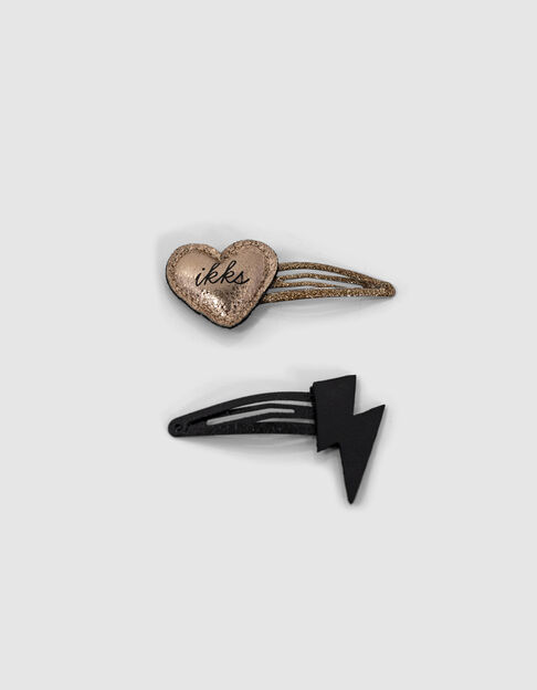 Girls’ black lightning and gold heart snap hair clips