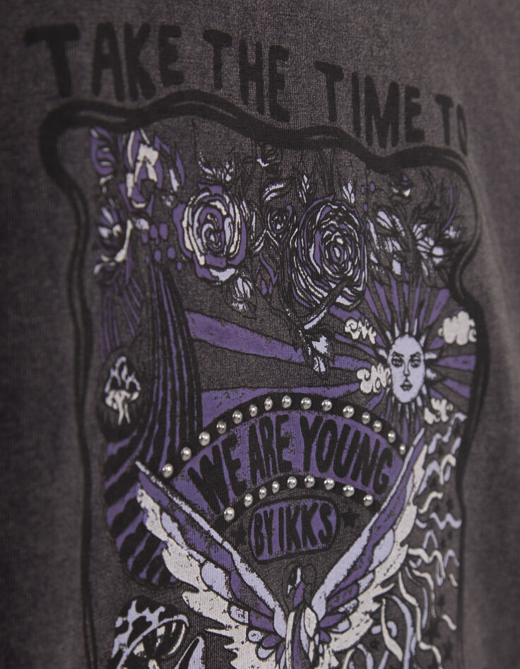 T-shirt gris visuel rock avec clous fille-5