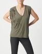 Tee-shirt col V kaki broderie tigre Femme-2