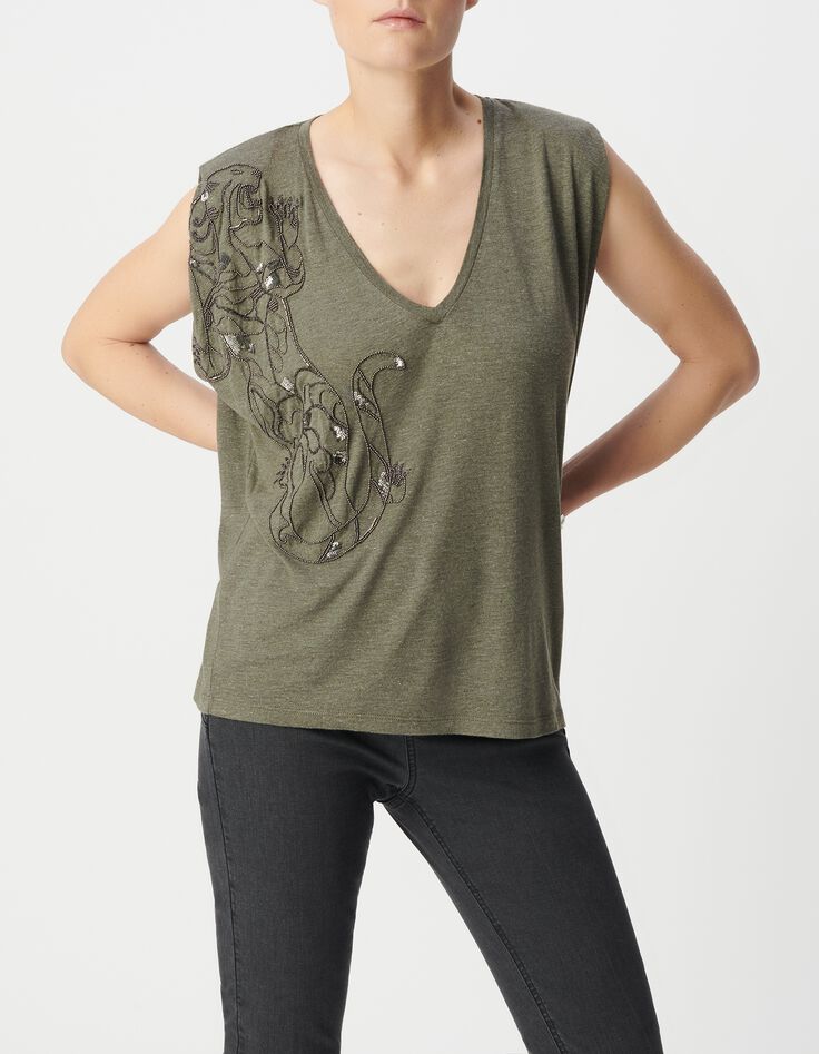 Tee-shirt col V kaki broderie tigre Femme-2