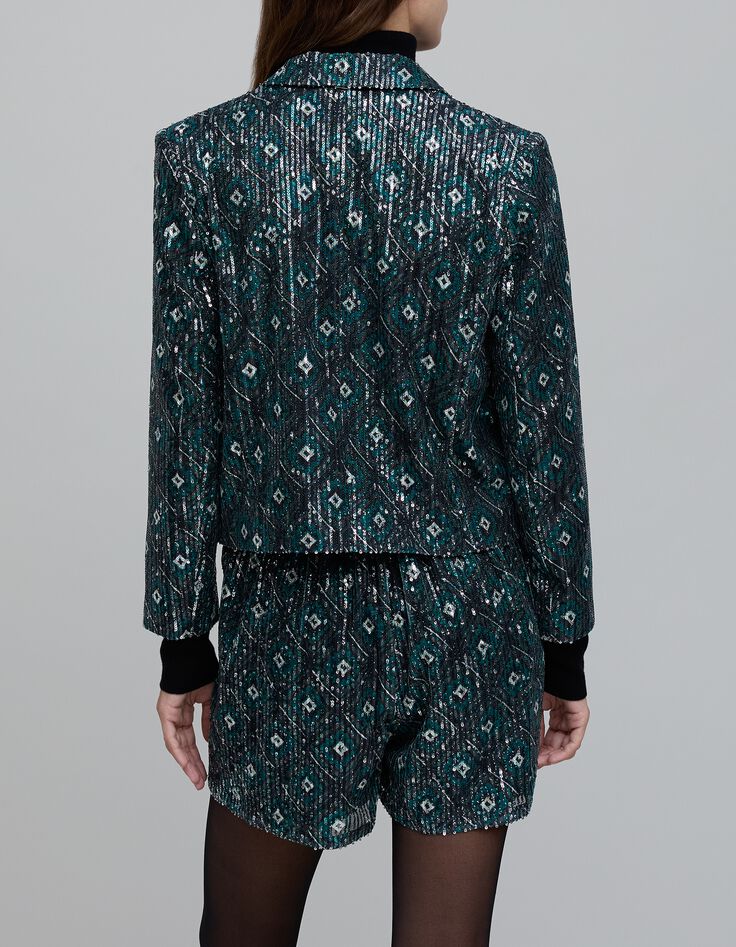 Veste noire imprim&eacute; g&eacute;om&eacute;trique brod&eacute;e sequins Femme-3