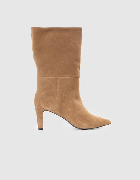 Women’s sand suede heeled boots with folded down top - IKKS