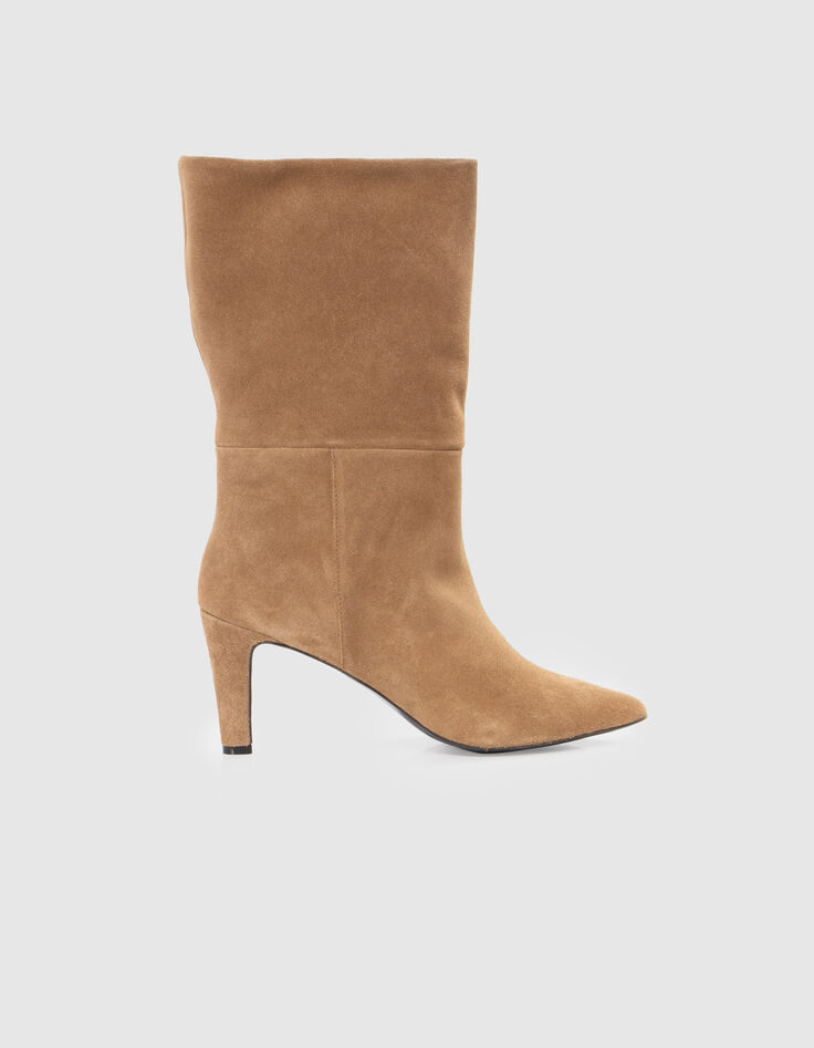 Zandkleurige boots met hak suèdeleer met omslag Dames-1