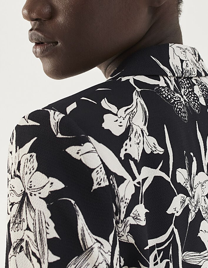 Veste tailleur en crêpe imprimé floral noir et blanc femme-4