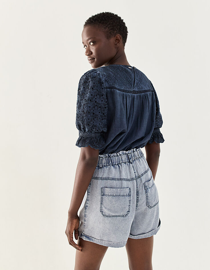 Short taille haute en tencel bleu traitement acid wash femme-3