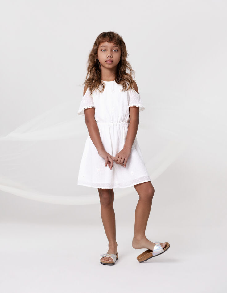 White jacquard feather duster dress with flowers for girl-1 White jacquard feather duster dress with flowers for girl-1