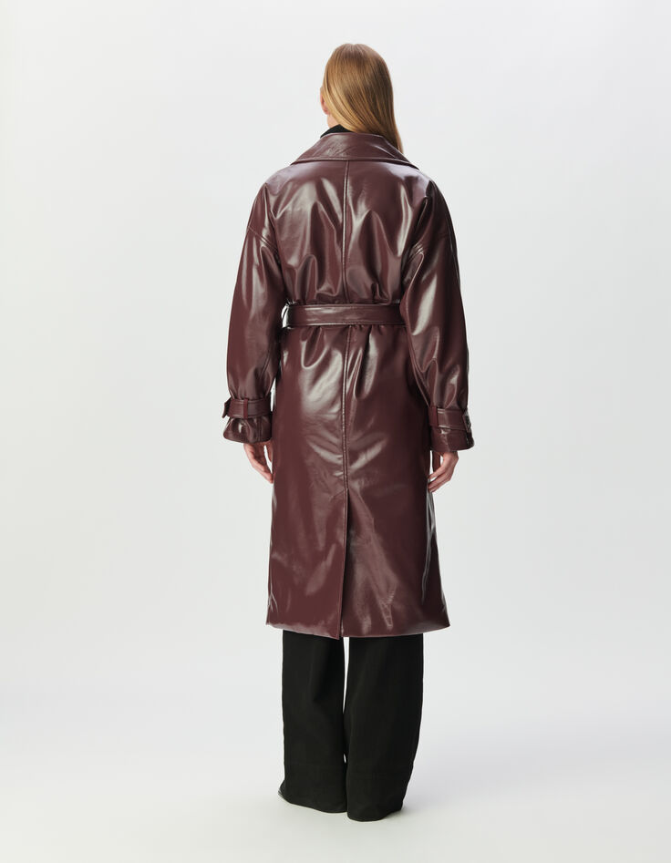 Bordeauxroter Damen-Trenchcoat lang Vinyloptik-4