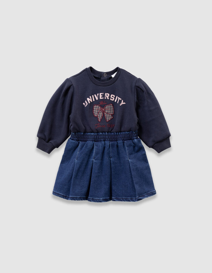 Marineblaues Babymädchenkleid Mischgewebe Schleifenstick-1
