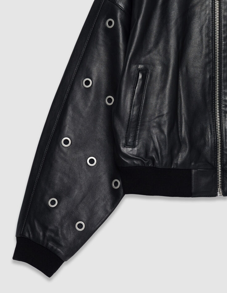 Zwart leren korte bomber Dames maxi eyelet design-7