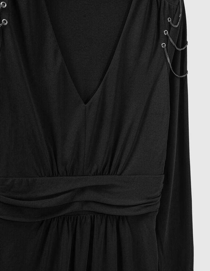 Women's short black belted V-neck dress-5