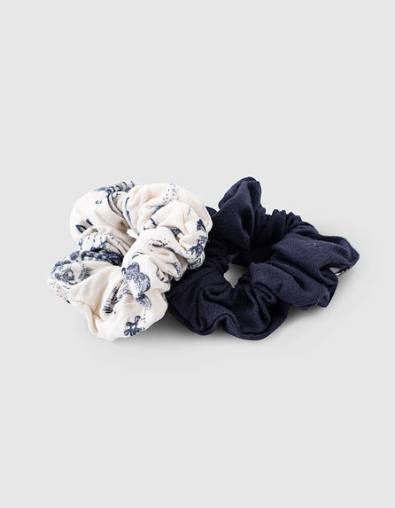 Girls’ navy and ecru printed scrunchies