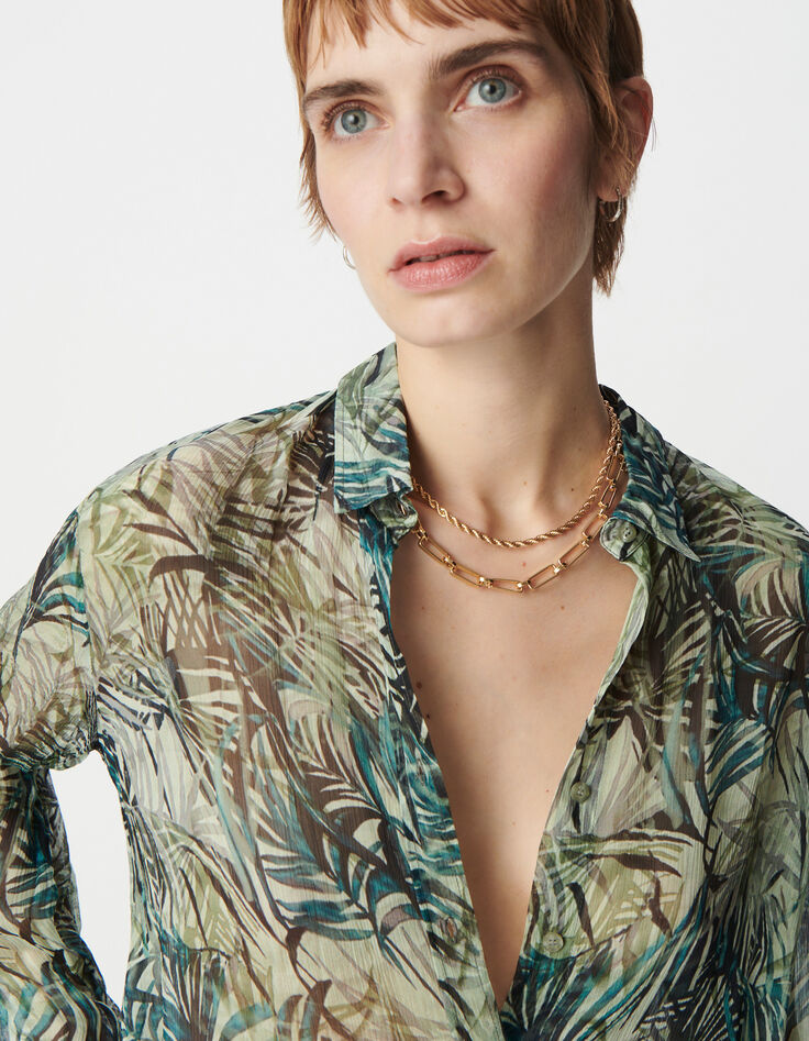Women's turquoise foliage print shirt-4