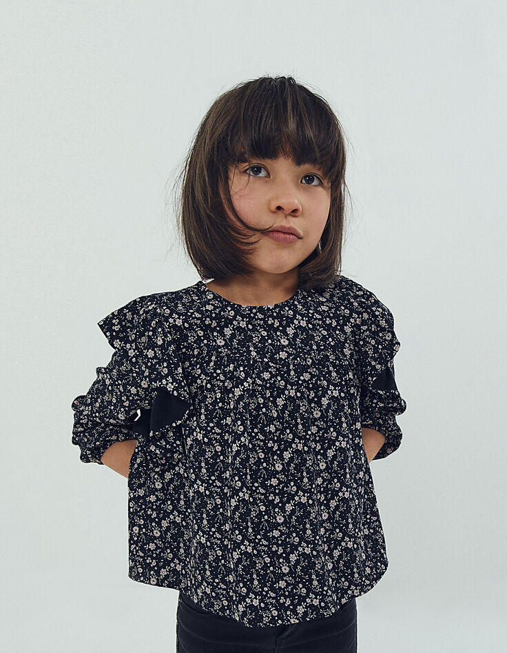 Girls&rsquo; black flower print ruffled blouse-5