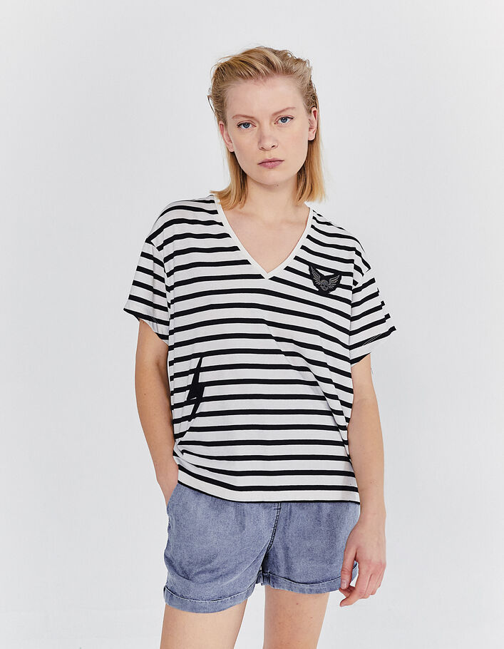 Women’s ecru sailor stripe T-shirt, black stripes & badges-3