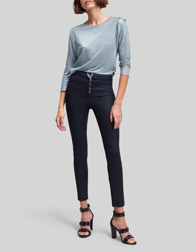 Tee-shirt bleu orage lin foil décor micro perles Femme - IKKS
