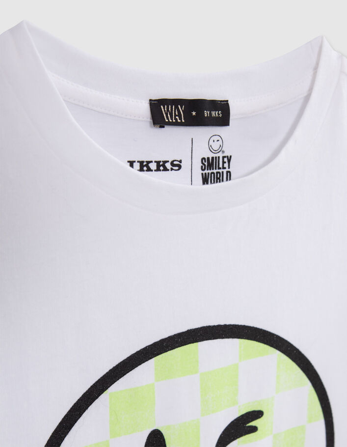 Girls’ white T-shirt with green SMILEYWORLD checkerboard image - IKKS