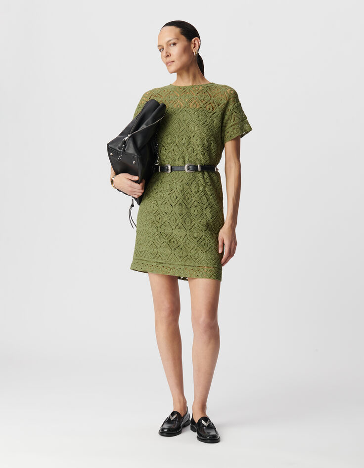 Mujer verde de algodón orgánico de encaje de ganchillo vestido corto-5