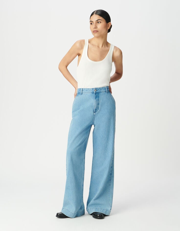 Jean large bleu taille haute Femme-1 Jean large bleu taille haute Femme-1