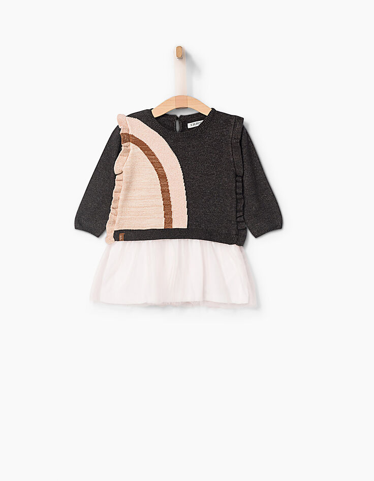 Robe bi-matière grise avec tutu rose bébé fille-1