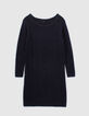 Robe tricot bleu marine en maille mousseuse détails bijoux encolure femme-1