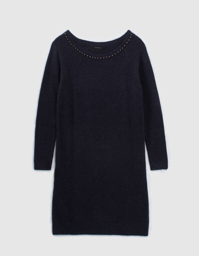 Robe tricot bleu marine en maille mousseuse détails bijoux encolure femme - IKKS