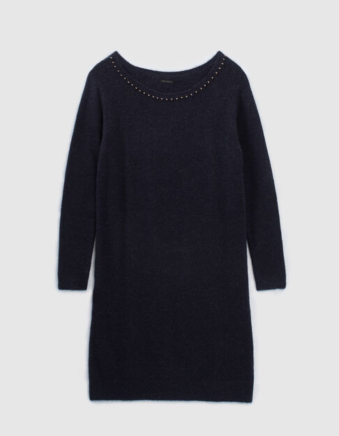 Women’s navy blue fluffy knit dress with metal neckline