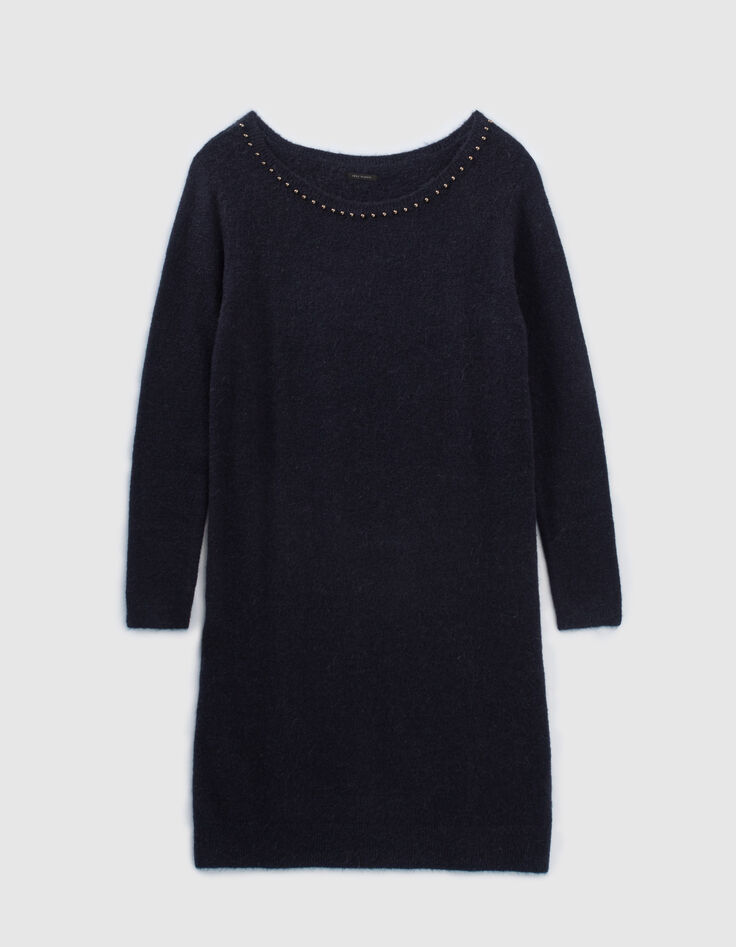 Robe tricot bleu marine en maille mousseuse détails bijoux encolure femme-1 Robe tricot bleu marine en maille mousseuse détails bijoux encolure femme-1