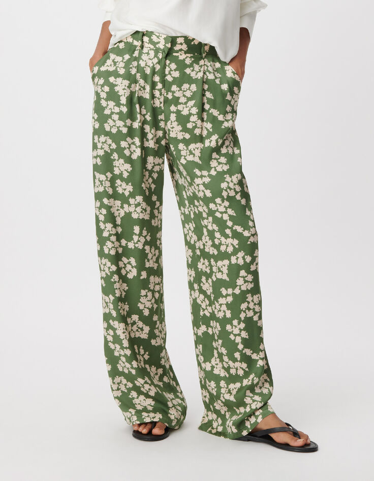 Pantalon large vert imprim&eacute; feuilles Femme-2