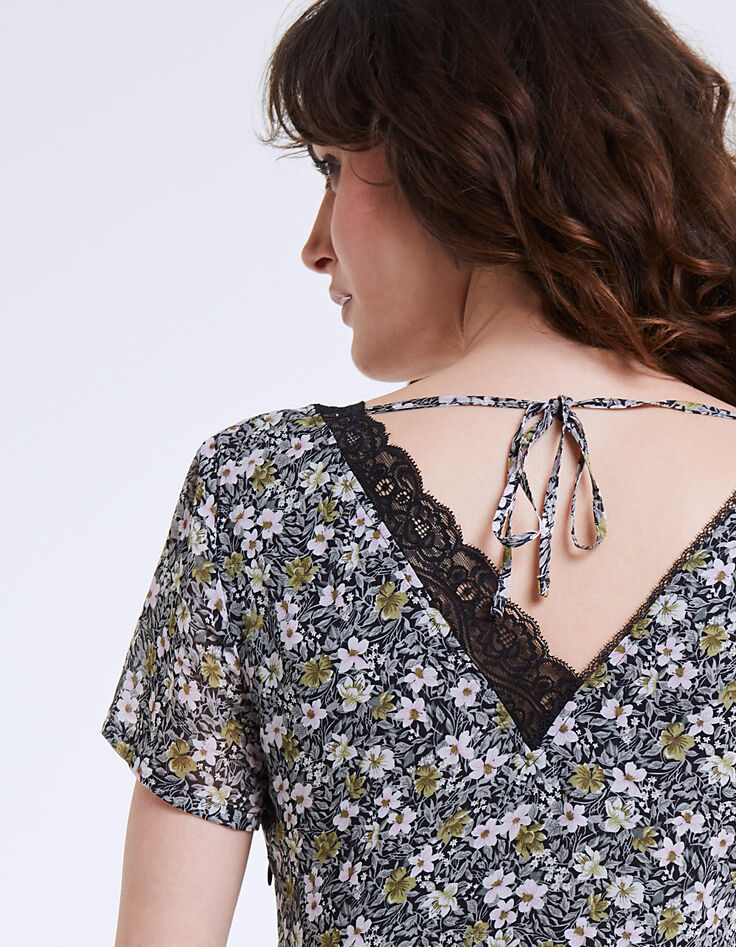 Robe longue en voile imprimé floral col dentelle-5