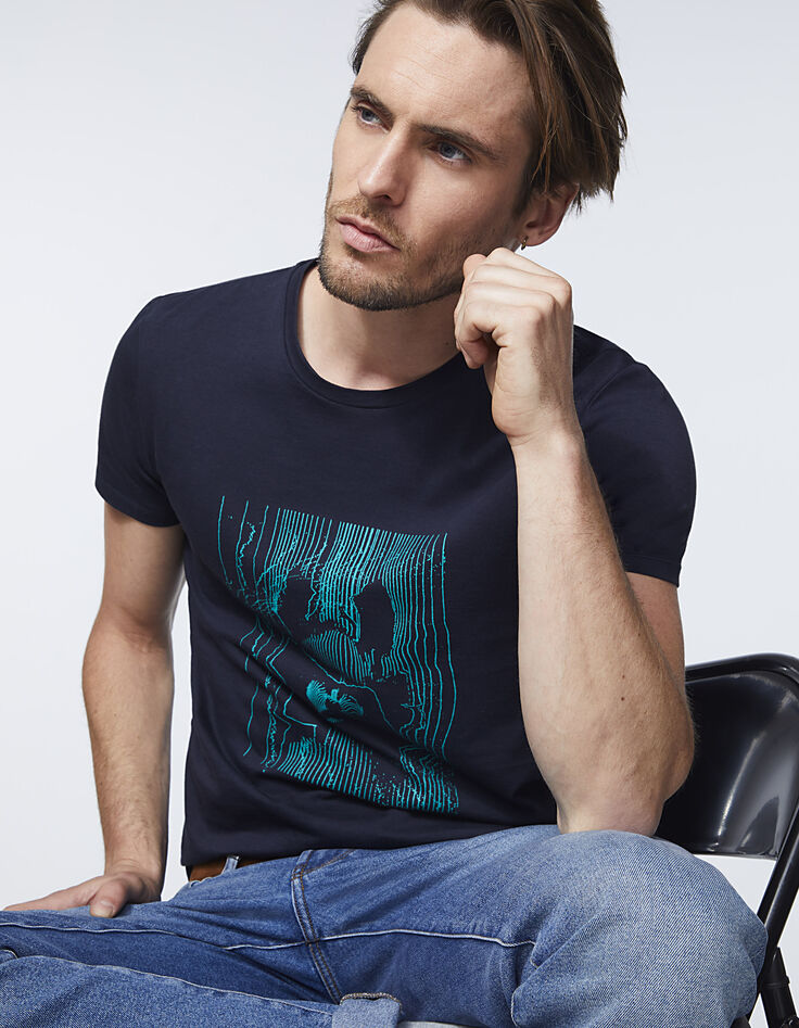 Dunkelblaues Herren-T-Shirt mit Streifen-Gesicht-Roboter-1