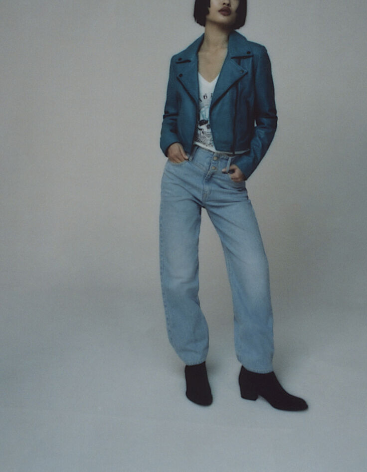 Blouson en cuir d'agneau certifié bleu émeraude femme-7