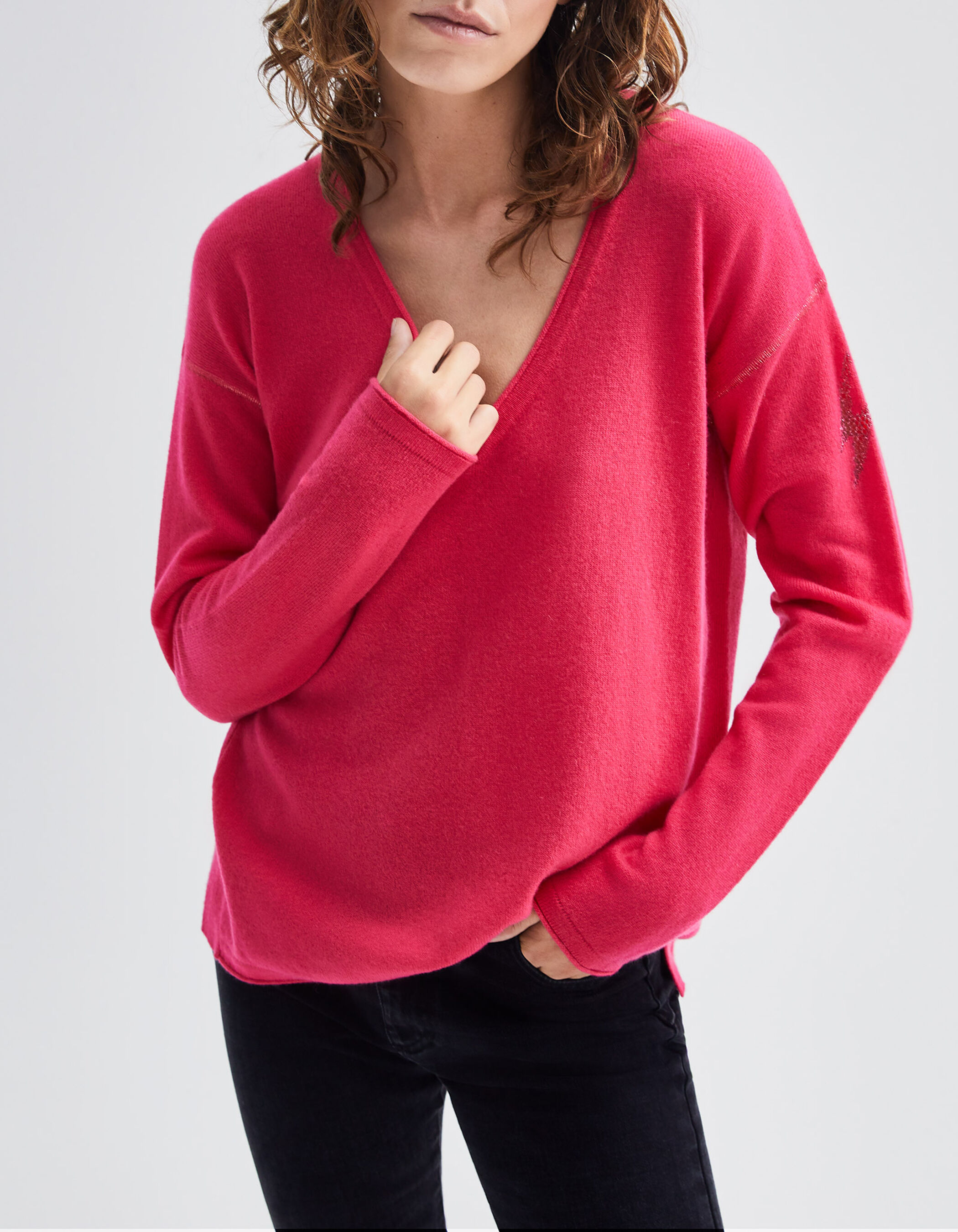 Women s neon pink pure cashmere knit V neck sweater