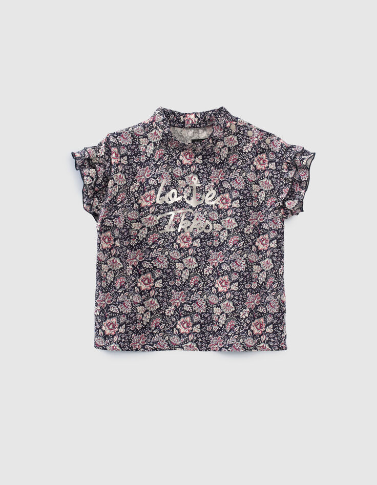 Top azul marino estampado Ecovero™ flores volantes niña-1