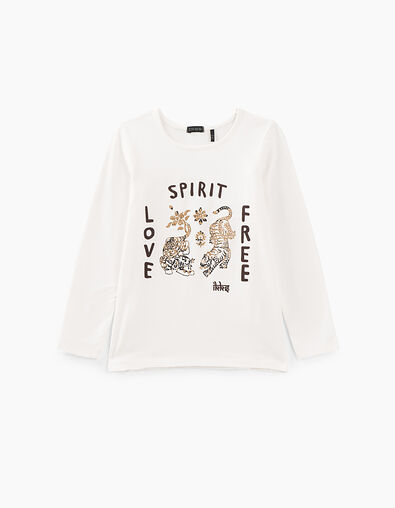 Tee-shirt blanc cassé Love, free, spirit avec tigres fille - IKKS