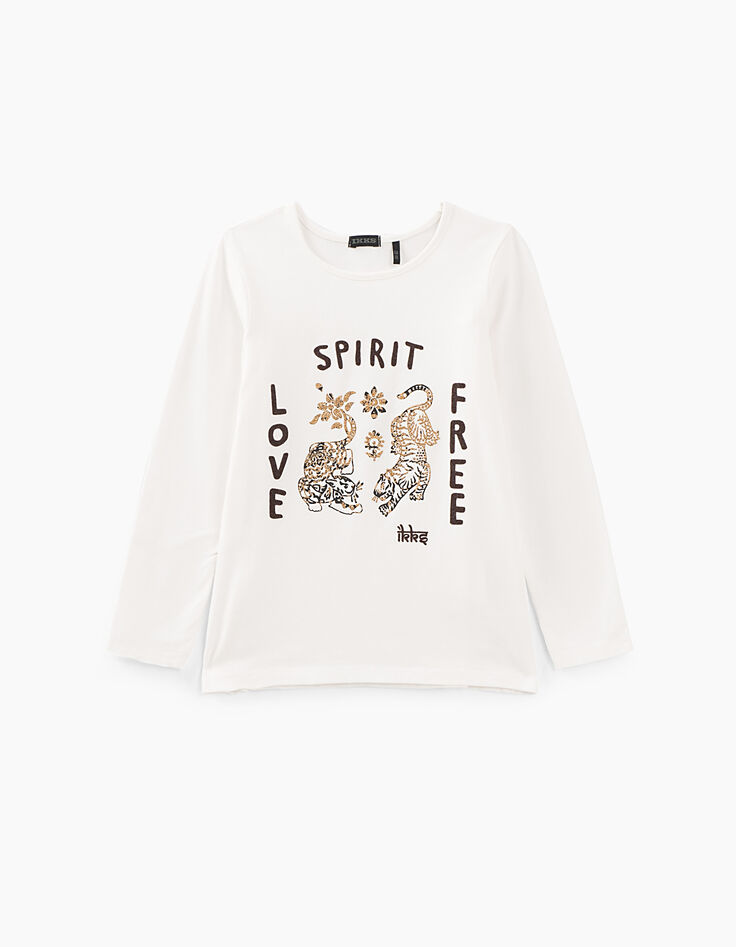 Tee-shirt blanc cassé Love, free, spirit avec tigres fille-1 Tee-shirt blanc cassé Love, free, spirit avec tigres fille-1