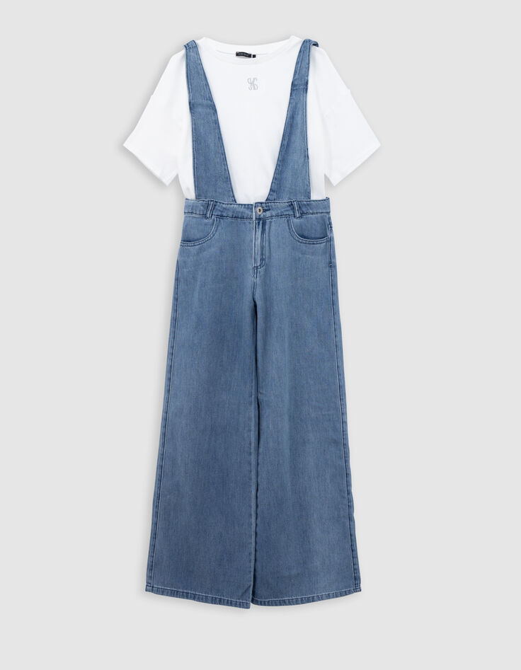 Ensemble salopette bleue et T-shirt blanc fille-1