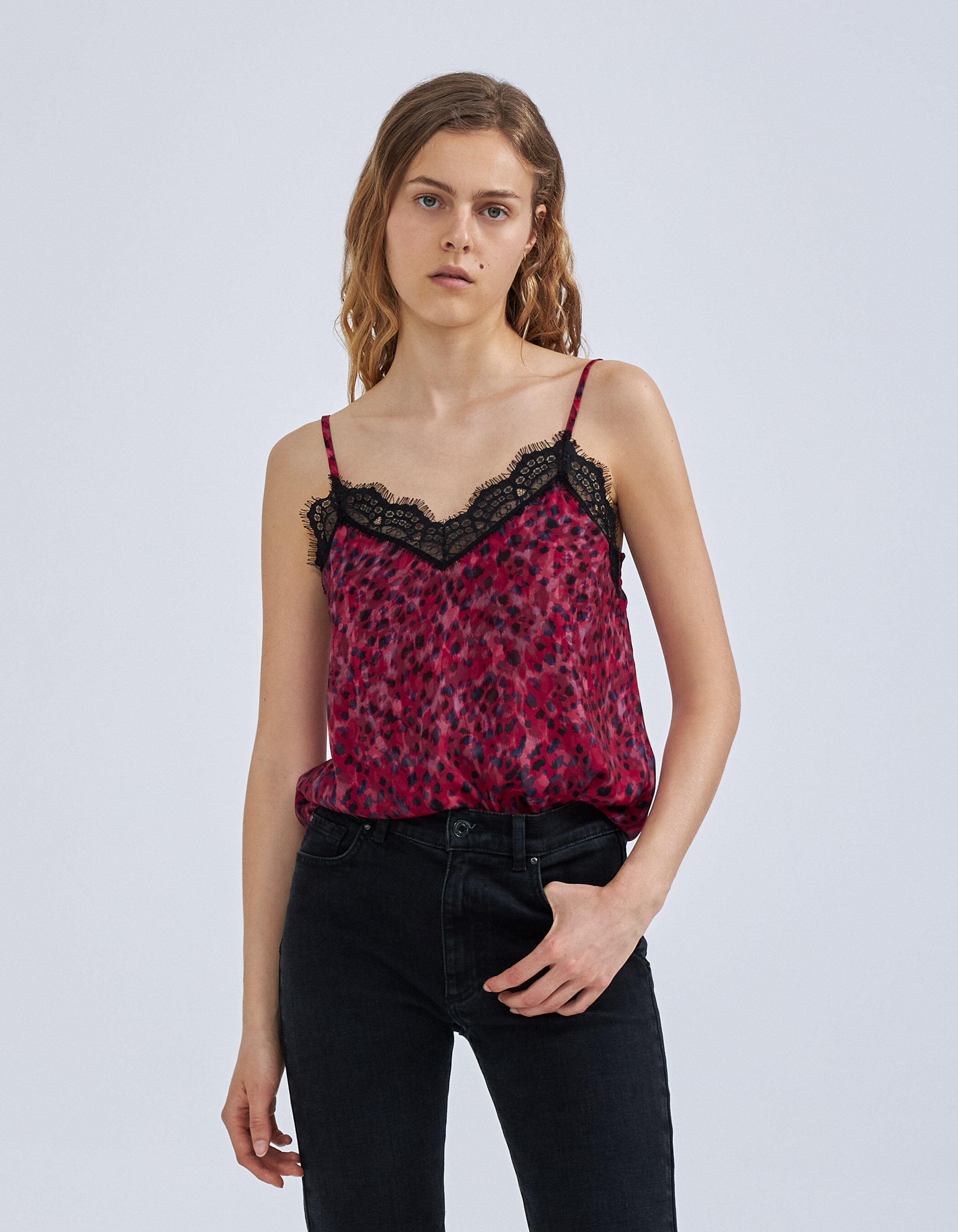 Women s pink leopard rock print lingerie style top