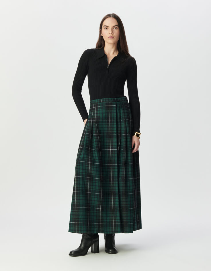 Jupe longue plissée verte à motif carreaux Femme-1