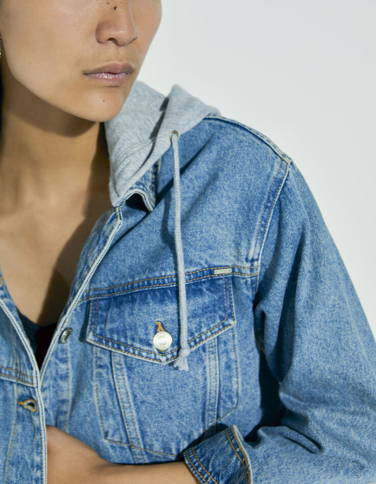 Blouson court en denim loose à capuche femme-4