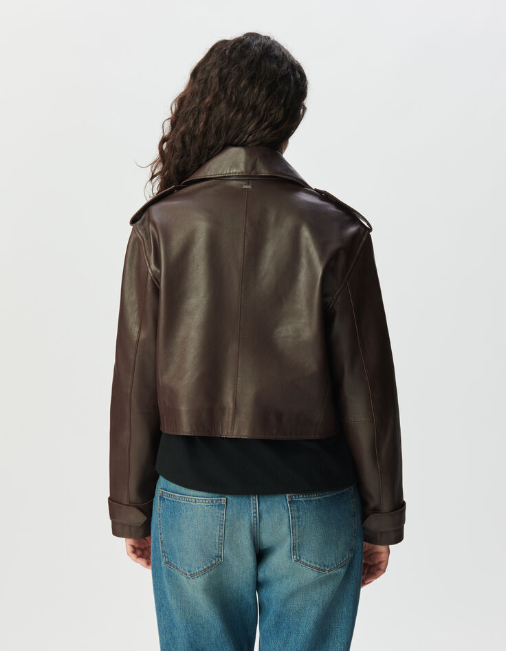 Blouson marron cuir forme trench court Femme-3