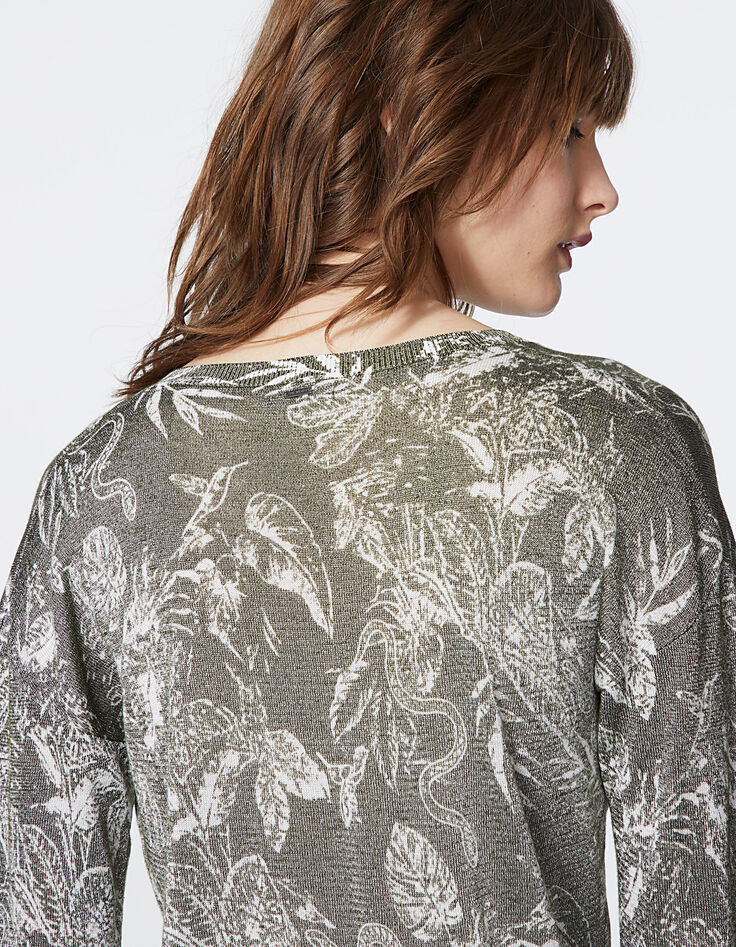 Pull col V imprimé tropical floral métallisé femme-4