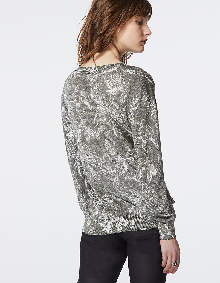 Pull col V imprimé tropical floral métallisé femme-3