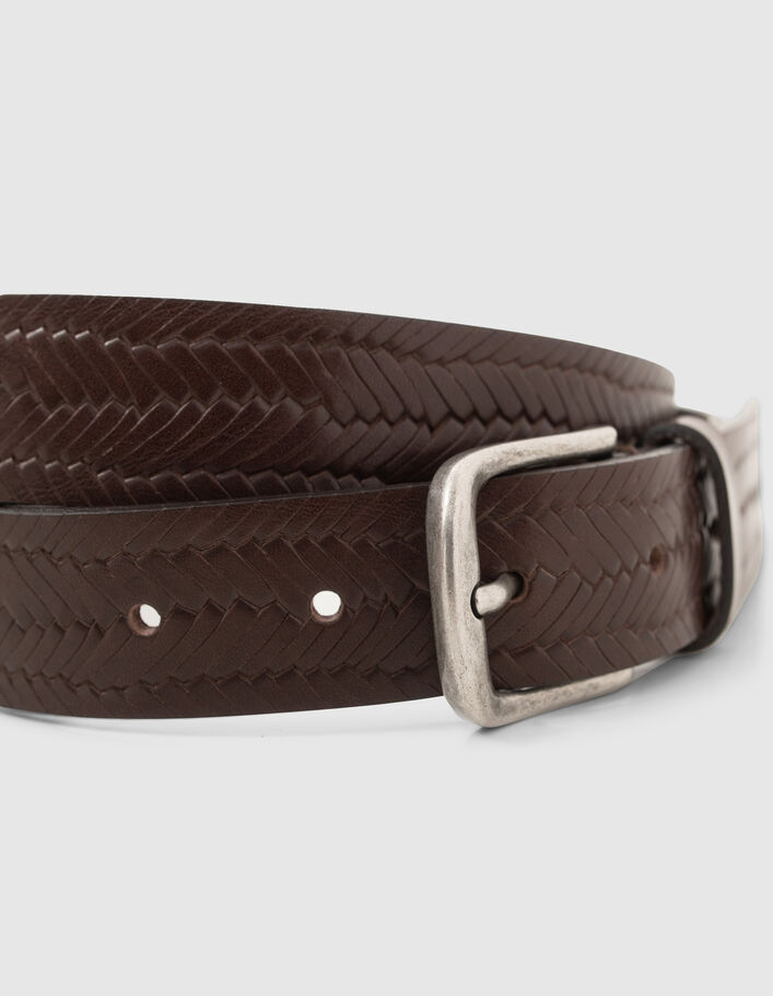 Men's dark brown leather belt with woven embossing