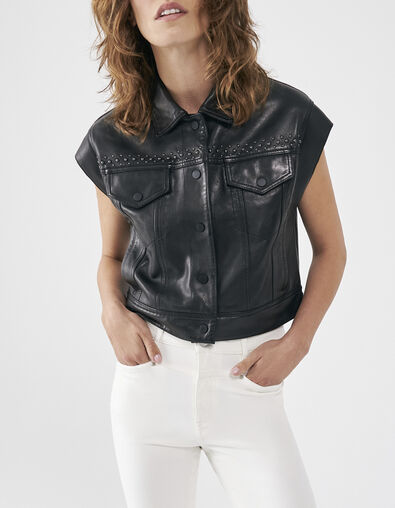 Veste en cuir ChromeFree noir sans manches à clous Femme - IKKS