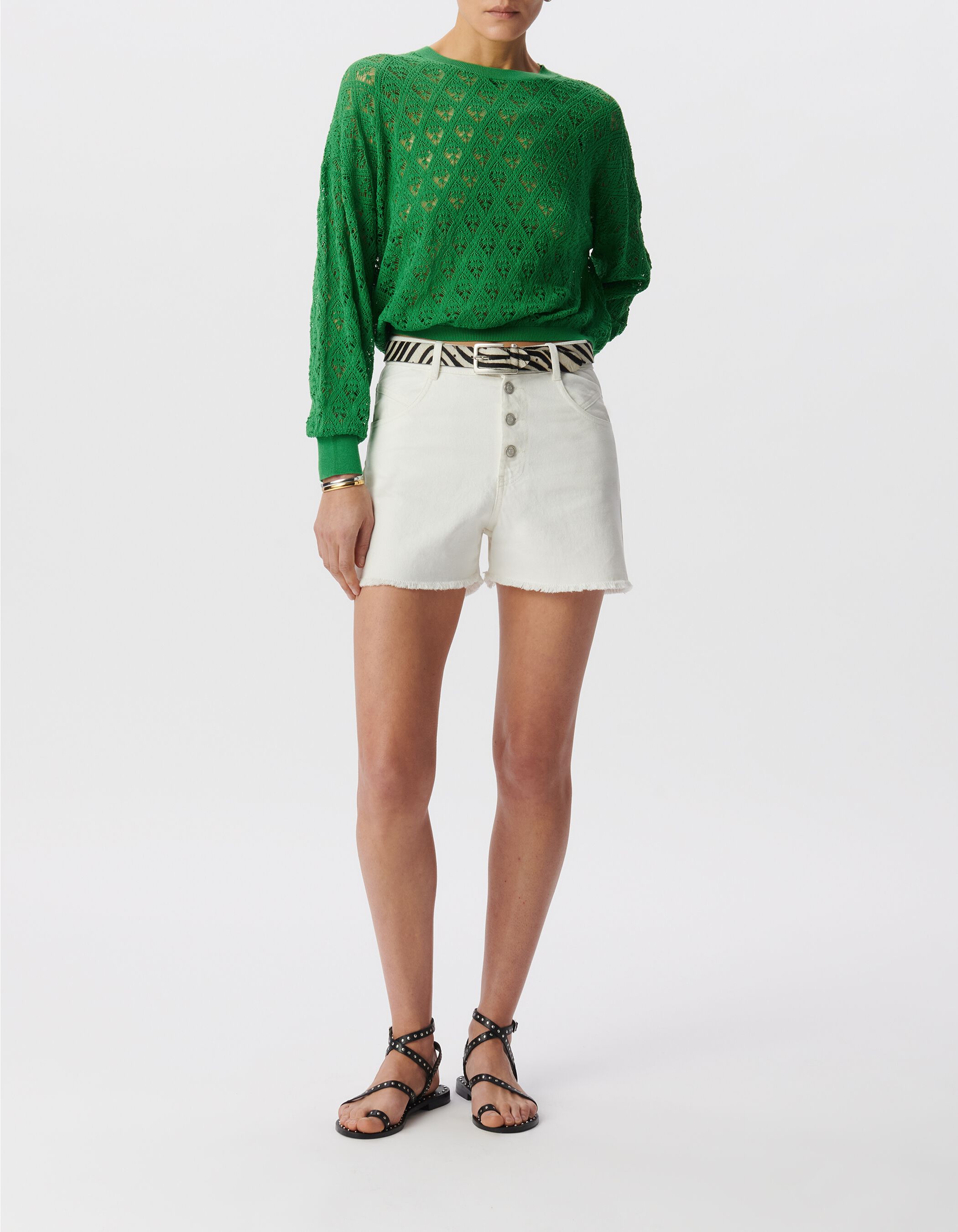 Green crochet-style openwork knit sweater IKKS