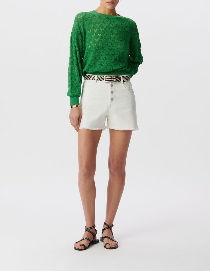 Pull vert tricot ajour&eacute; fa&ccedil;on crochet-1