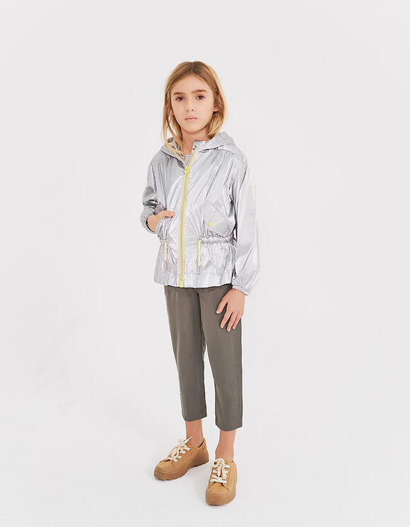 Girls’ silver hooded windcheater with lime green details